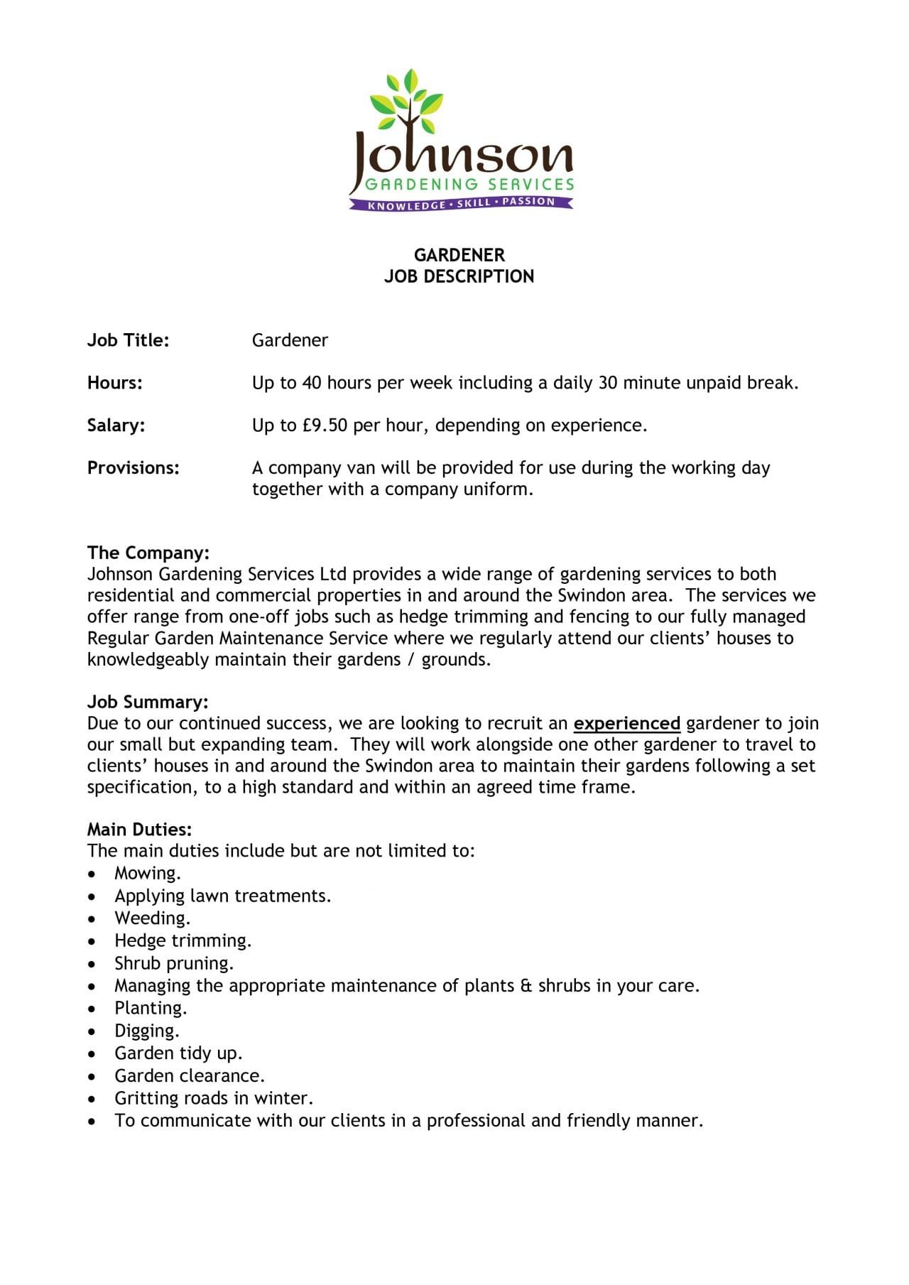 Recruitment Johnson Gardening Services Ltd