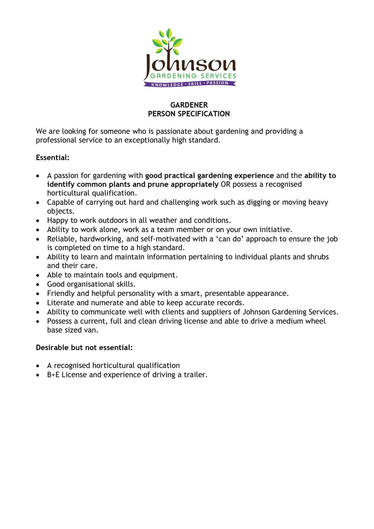 Recruitment Johnson Gardening Services Ltd